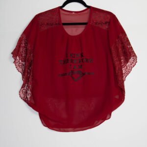 Dark red blouse with lacey short sleeves. Cropped top.
