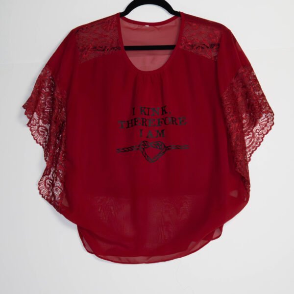 Dark red blouse with lacey short sleeves. Cropped top.
