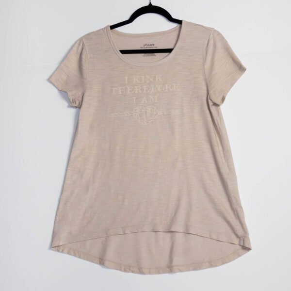 Cream relaxed bell fit, rounded hem, cap sleeve shirt.