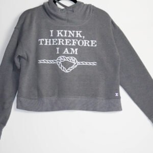 Grey sweatshirt, white language.