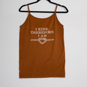Brown, spaghetti-strap tank, goldenrod text.