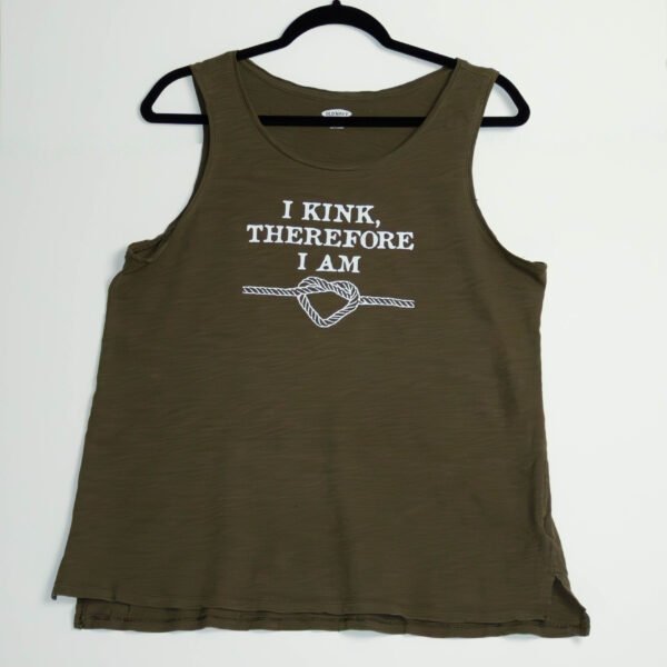 Dark green tank, white writing