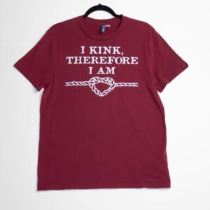 Maroon or red short sleeve tshirt with white text.