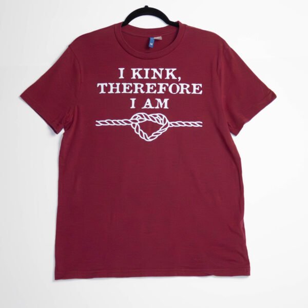 Maroon or red short sleeve tshirt with white text.
