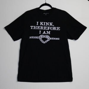 Black t-shirt with white text.