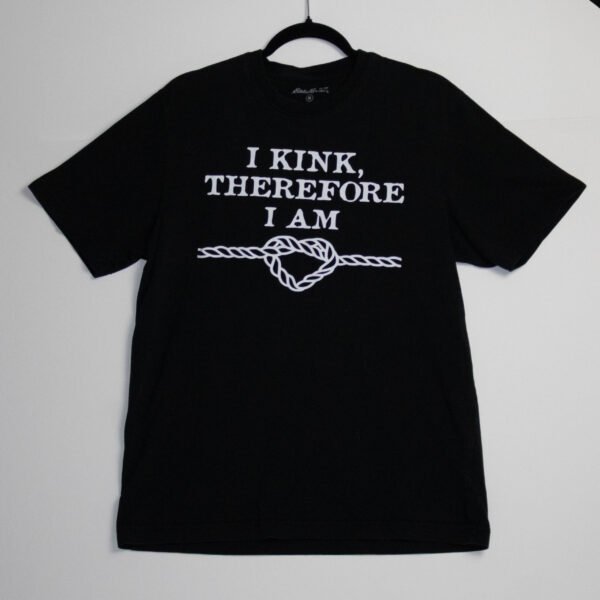 Black t-shirt with white text.