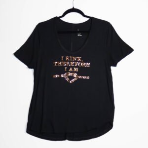 black t-shirt with rose gold writing "I KINK, THEREFORE I AM"