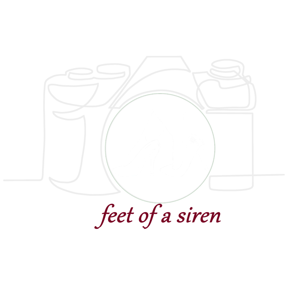 Feet of a Siren Photography Logo - one line camera drawing, with a drawn pair of heels inside and the name below.