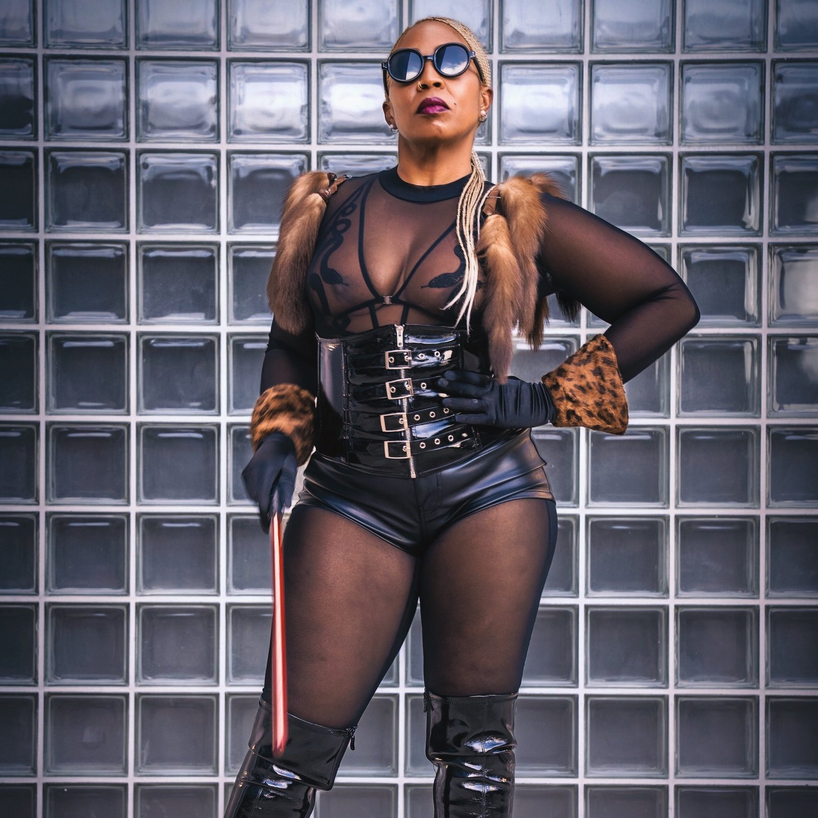 Goddess Aroya standing with a crop held down from her hip